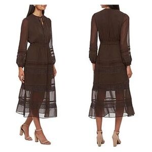 Ryegrass Brown Lace Tiered Midi with sheer Bishop Sleeves